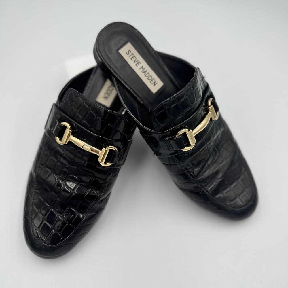 Steve Madden Royals Black Croc Embossed Horsebit Loafer Mule Slide Flat Gold 8 - Picture 5 of 16